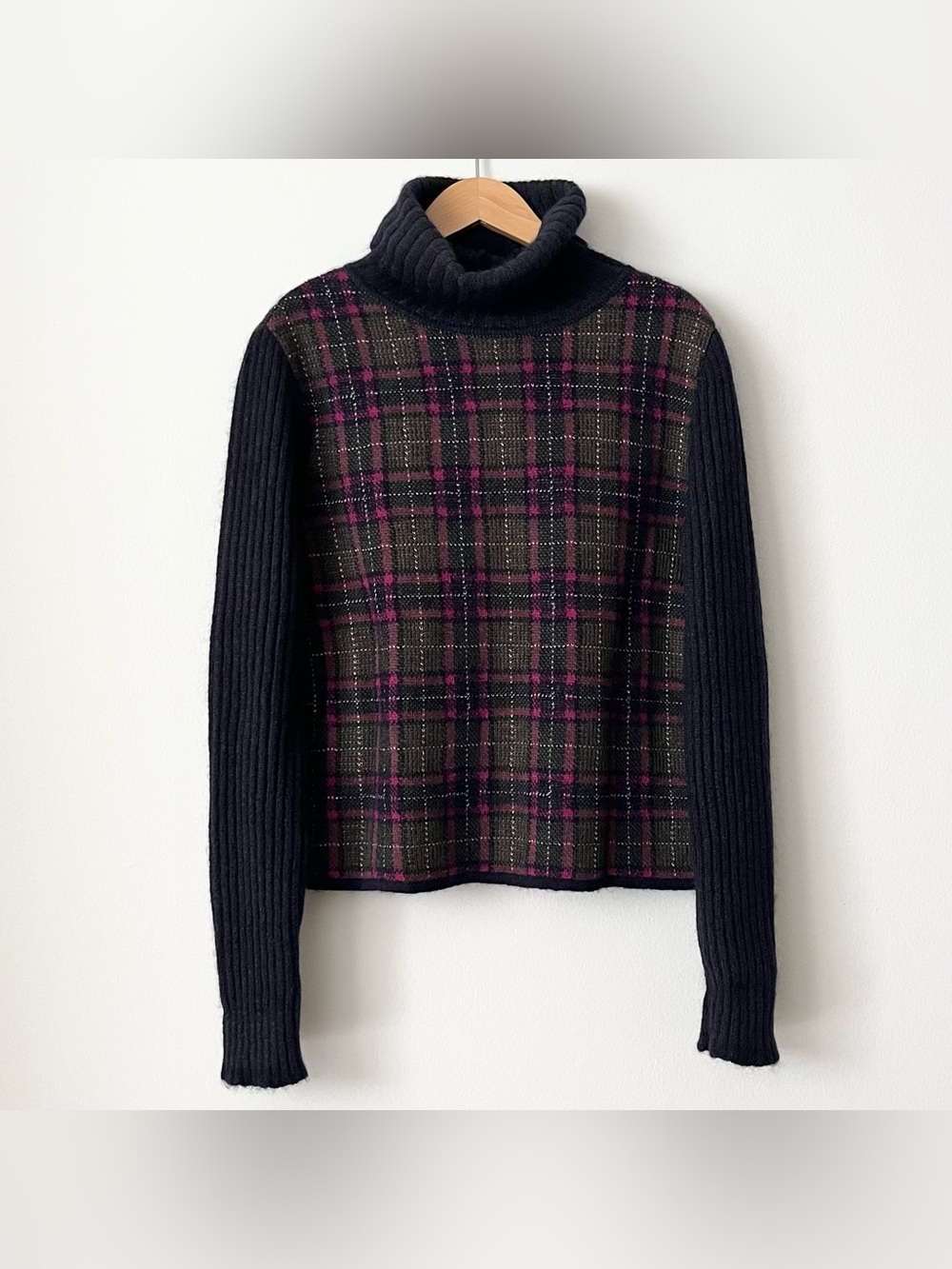 Vintage Saks Fifth Ave Women's Plaid Turtleneck Sweater Size M Mohair Wool Italy